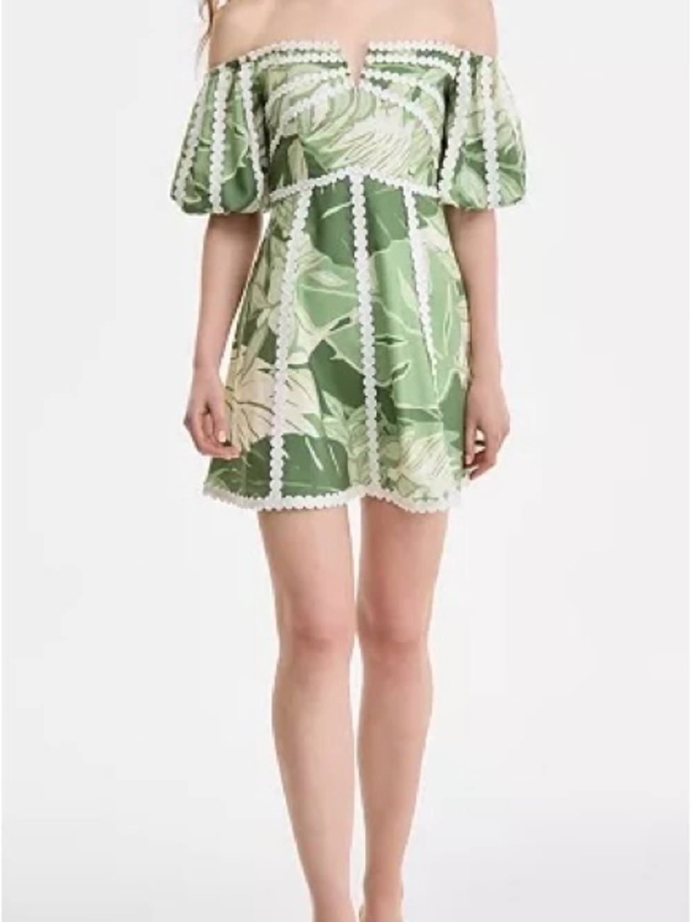 NWT RACHEL Rachel Roy Green Tropical Off-Shoulder Mini Dress with White Trim